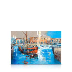 A signed, limited edition print of "Barges, St.Katharine Docks" by mixed media artist Ed Robinson, on a 30 inch box canvas.
