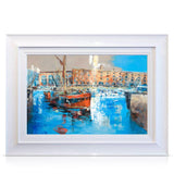 A signed, 30 inch limited edition print of "Barges, St.Katharine Docks" from mixed media artist Ed Robinson, in a white frame.