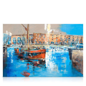 A signed, limited edition print of "Barges, St.Katharine Docks" by mixed media artist Ed Robinson, on a 40 inch box canvas.