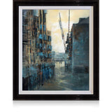 A signed, 40 inch limited edition print of "Spice & Type, Butler's Wharf" from mixed media artist Ed Robinson, in a black frame.
