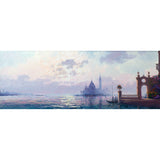 Close-up of Andrew's Venice painting. A bright, airy painting, sunlight sparkles across the lagoon, with the Santa Maria della Salute visible on the horizon.