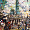 A fun, colourful, expressionist painting of the City of London. Features playfully distorted architectural elements.