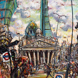 A fun, colourful, expressionist painting of the City of London. Features playfully distorted architectural elements.