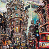 Expressionist painting of London's Square Mile, with tall buildings, a red bus, and traffic lights.