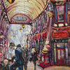Colourful painting of Leadenhall Market with people and architectural details.