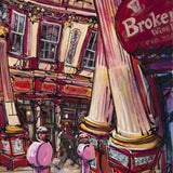Colourful illustration of Leadenhall Market with architectural details and the Broker's Wine Bar awning.