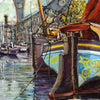 St Katharine Docks marina scene with boats docked, including a prominent Thames sailing barge with 'London' on its side.