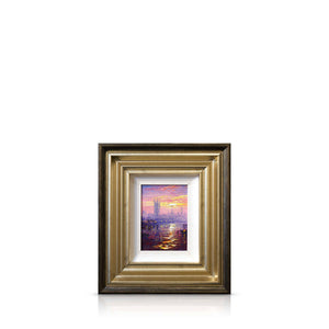 Oil painting of a moody sunset over the Houses of Parliament, with sunlight reflecting from the River Thames. 