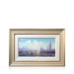 An elegantly framed painting of the Houses of Parliament and the River Thames, by artist Andrew Grant Kurtis.
