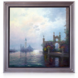 Framed painting of a scenic Venetian waterfront with architectural elements and flowers.