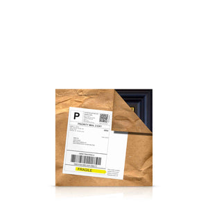 The image shows a packaged item with a shipping label on it, indicating that it is a painting called 'red admiral (front and back)' that has been sold.