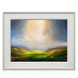 Framed Harry Brioche artwork of a landscape with a large cloud and green field.