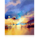 Artistic depiction of a The Houses of Parliament with the clock tower of Big Ben under a colourful sky.