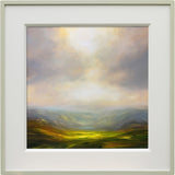 Framed Harry Brioche painting of a landscape with a cloudy sky and rolling hills.