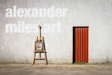 An easel stands against a wall in the carpark behind our framing workshop. Andrew's painting sits atop the easel. It looks very cool.