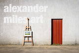 Easel with a Harry Brioche painting against a wall with 'alexandermiles.art' text