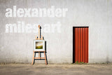 Easel with a Harry Brioche painting against a gray wall with 'alexandermiles.art' text.