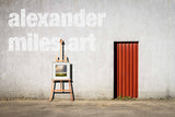 Easel with a Harry Brioche painting outdoors with 'alexandermiles.art' text on a wall.
