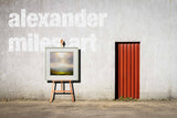 Artistic setup with a framed Harry Brioche landscape painting on an easel against a textured wall, featuring the branding 'alexandermiles.art'.