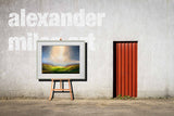 Framed Harry Brioche artwork on an easel against a textured wall with 'alexandermiles.art' logo.