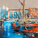 Mixed media painting of a London docklands scene with boats and buildings.