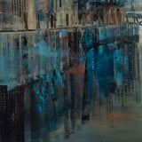 Expressionist art piece with text overlay on a dark background