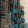 Expressionist, mixed media art with blue, brown, and beige colours.