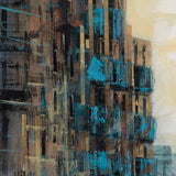 Expressionist, mixed media art with blue, brown, and beige colours.