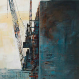 Collage of a construction site with cranes and text overlay on a dark background