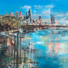 Expressionist mixed media painting of a London skyline reflected in the river Thames, with boats. The City of London is a focal point.