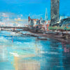 Expressionist mixed media painting of the view from Waterloo Bridge, looking east, reflected in the river Thames. The South Bank and it's buildings feature prominently.