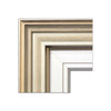 A close-up view of the frame this painting comes in. A simple, elegant facing with warm tones, around a white, wooden inner frame.