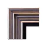 Wooden picture frame with a striped design on a white background