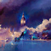Swirling, expressionist painting of The Houses of Parliament, with tall, jagged spires and a moody evocative sky. The 'Big Ben' clocktower features prominently.