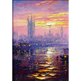 A close up of the canvas, showing Andrew's brushwork, his evocative scene illuminated by multiple twinkling sources of light.