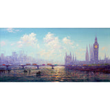 An Andrew Grant Kurtis oil painting of the Houses of Parliament, featuring bright blue skies and sunlight reflected on the River Thames.