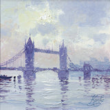 Andrew's painting of Tower Bridge in silhouette against a misty sky, with the bridge reflected in the waters of the River Thames.