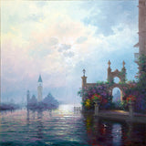 Vibrant painting of a Venetian waterfront scene with architectural structures and floral decorations.