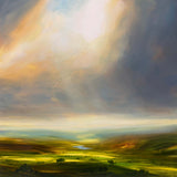 Scenic Harry Brioche landscape with green fields and a dramatic sky with clouds.