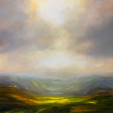 Harry Brioche painting of a landscape with green fields and a cloudy sky.