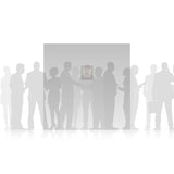 Andrew's painting, framed, hung on a depiction of a standard wall, surrounded by people  for scale.