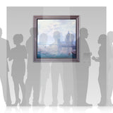 Framed artwork of a cityscape with people casting shadows on a wall.
