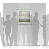 Framed Harry Brioche artwork on a wall with silhouettes of people against it.
