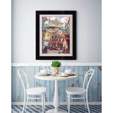 Artist Allan Stephens' 30 inch limited edition print of "Leadenhall Market" displayed in an upmarket brunch spot.