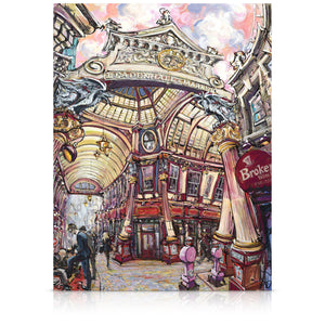 A signed, limited edition print of "Leadenhall Market" by artist Allan Stephens, on a 40 inch box canvas.