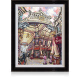 A signed, 40 inch limited edition print of "Leadenhall Market" from artist Allan Stephens, in a black frame.