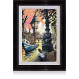 A signed, 30 inch limited edition print of "River Cruise" from artist Allan Stephens, in a black frame.