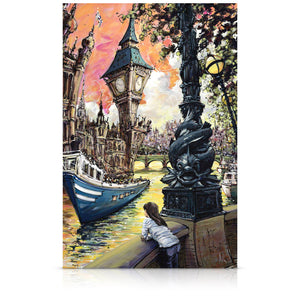 A signed, limited edition print of "River Cruise" by artist Allan Stephens, on a 40 inch box canvas.