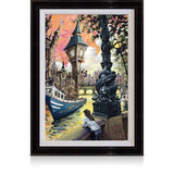 A signed, 40 inch limited edition print of "River Cruise" from artist Allan Stephens, in a black frame.