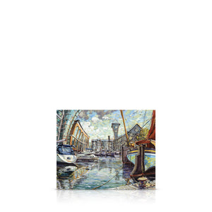A signed, limited edition print of "St.Katharine Docks" by artist Allan Stephens, on a 20 inch box canvas.